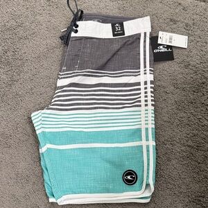 O'Neill Men's Swim Shorts - Black and Teal Stripes